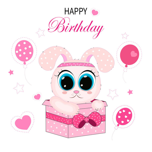 Illustration with bunny and the inscription happy birthday. Greeting card with bunny, balloon and the inscription. Happy birthday greeting card with bunny, balloons - Vektor, kép