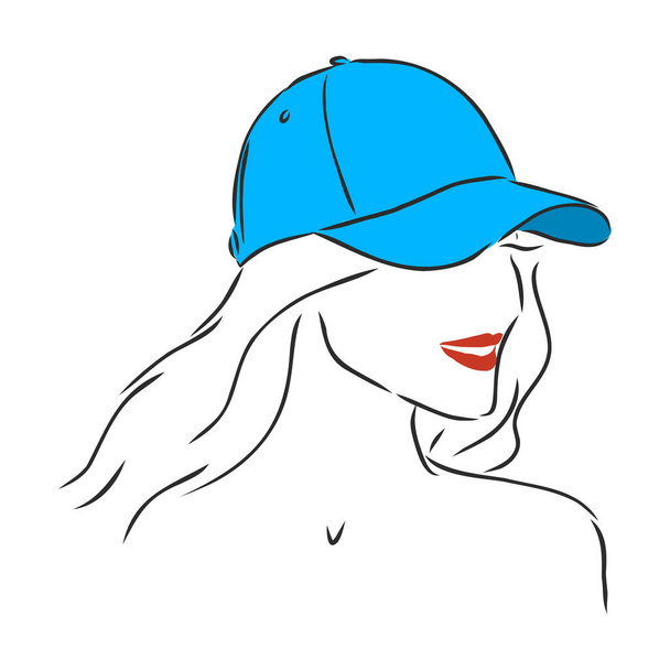 Isolated vector illustration. Pretty girl in a cap. Closeup female portrait. Hand drawn linear doodle sketch. Black silhouette on white background. - Vector, Image