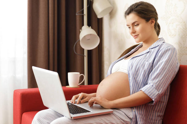 Young and beautiful pregnant woman sitting with a laptop computer on the red sofa - Фото, изображение