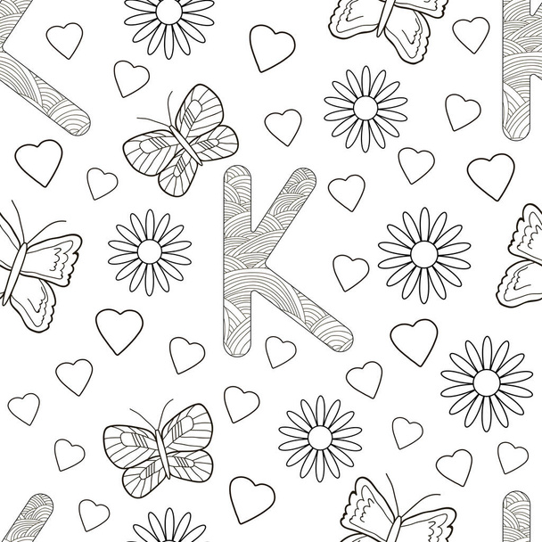 Písmeno K s květinami, listy a motýly. Bezproblémový vzorec. Omalovánky. Vektorová ilustrace.  - Vektor, obrázek