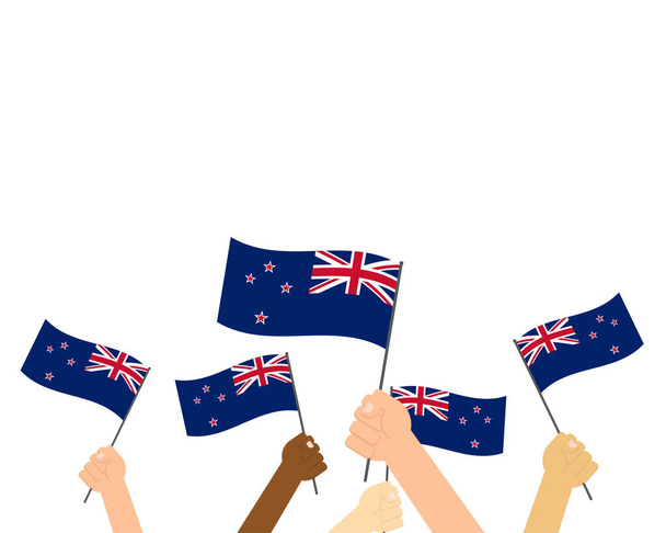 Illustrazione vettoriale di mani che tengono bandiere neozelandesi su sfondo bianco
 - Vettoriali, immagini