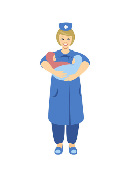 Midwife holding two newborns. Flat illustration - Vector, Image