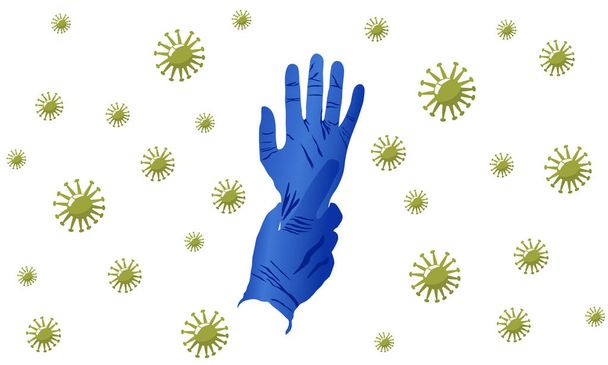 Illustration of a pair of surgical gloves on seamless virus pattern background - Vector, afbeelding