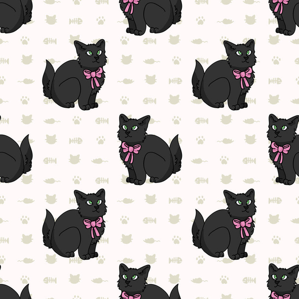 ピンクの弓シームレスベクトルパターンとかわいい漫画ボンベイ子猫。血統子猫は国内の猫の背景を繁殖させます。猫好きの黒アジア人は、すべての印刷上で純血。ファインEPS 10.  - ベクター画像