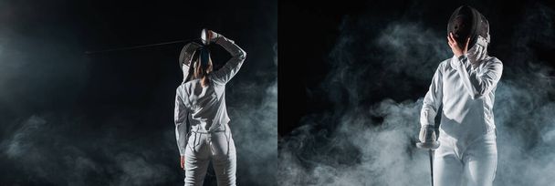 Collage of fencer holding fencing mask and rapier on black background with smoke  - Fotografie, Obrázek