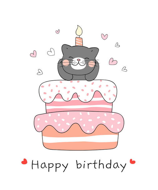  birthday card with drawn in doodle cartoon style black cat and sweet cake on white background  - Vector, Image