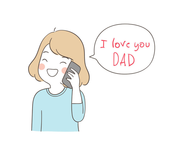 Εικονογράφηση διάνυσμα ευτυχισμένη κοπέλα μιλώντας στο τηλέφωνο και λέγοντας αγαπώ τον μπαμπά σε φούσκα ομιλία, Για την ημέρα του πατέρα Doodle παιδί στυλ - Διάνυσμα, εικόνα