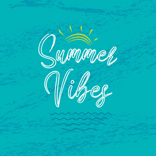 Summer Vibes logo with abstract sun and sea waves design on grunge background. Vector Illustration for summertime banner, label, poster, flyer. - Vektör, Görsel