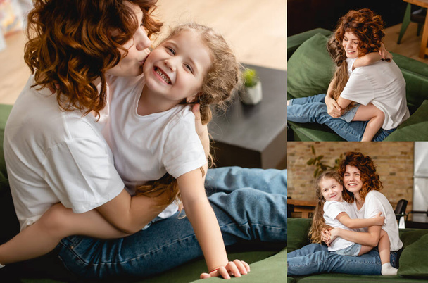 collage of curly mother kissing cheek and hugging happy daughter  - Photo, image