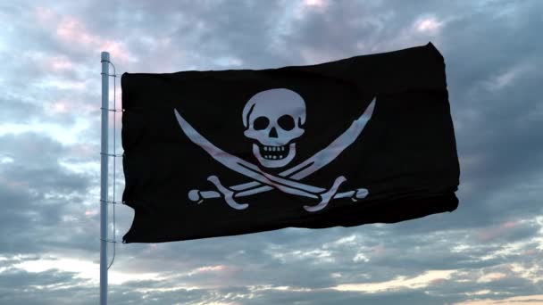 Derin Dramatik Gökyüzüne karşı rüzgarda dalgalanan gerçekçi Korsan bayrağı. 4K UHD 60 FPS Yavaş Çekim - Video, Çekim