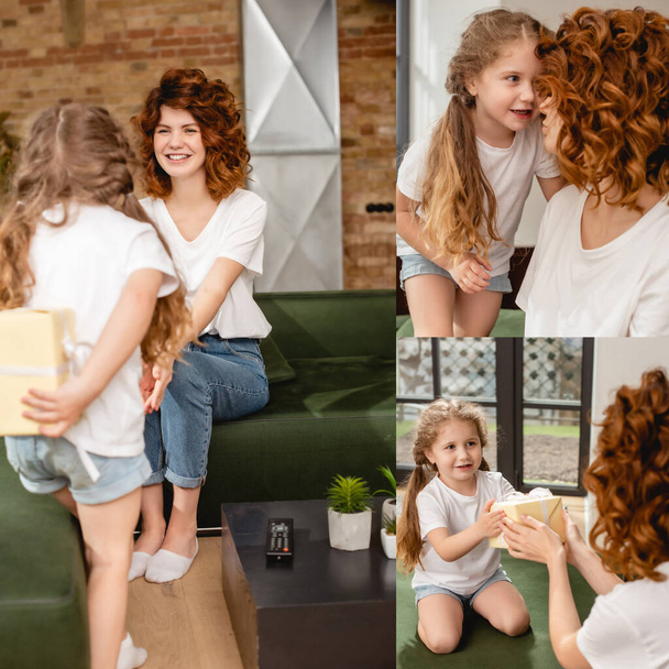collage of kid holding presents near curly mother  - Foto, Imagen