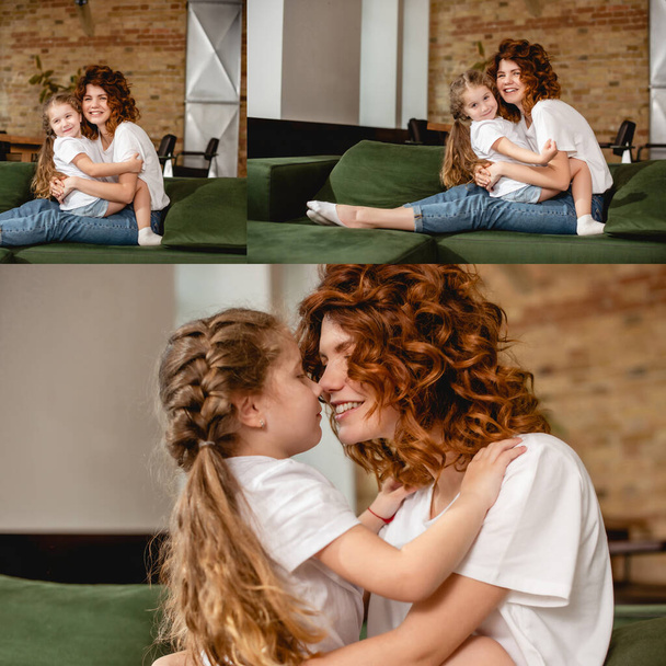Collage aus niedlichen Töchtern, die sich umarmen und Nasen berühren, mit glücklicher und lockiger Mutter  - Foto, Bild