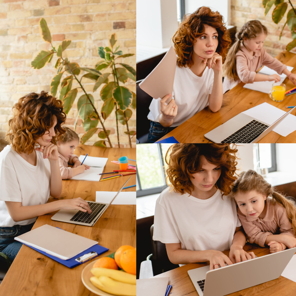 kolaż freelancer matka pracuje z domu podczas cute córka rysunek na papierach - Zdjęcie, obraz