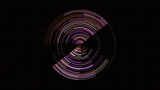 Cyfrowy okrąg z kolorowymi liniami zmienia się w spiralę 3D. Animacja. Dysk z obracającymi się neonami zamienia się w spiralę 3D na czarnym tle - Materiał filmowy, wideo