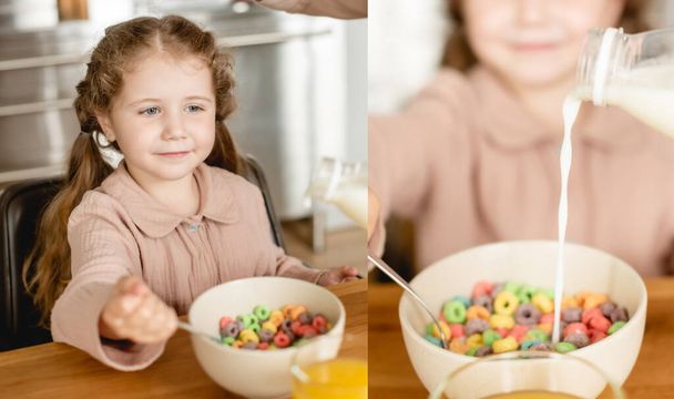 collage de lait versant dans un bol avec de savoureux flocons de maïs près de mignon enfant
  - Photo, image