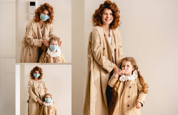 Collage einer glücklichen und rothaarigen Mutter im Trenchcoat mit medizinischer Maske auf niedlicher Tochter  - Foto, Bild