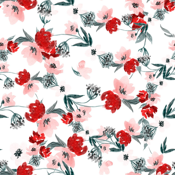 Ręcznie rysowane kwiaty akwarela bezszwowy wzór. Róże, anemon, kwiat piwonii ręcznie rysowane tekstury. - Zdjęcie, obraz