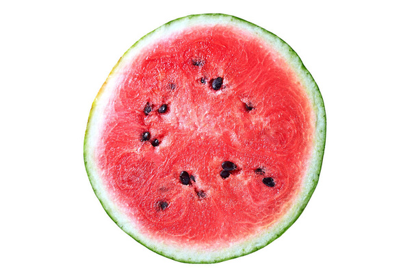 Single half of fresh watermelon with red ripe juicy pulp and seeds isolated on white background without shadow. Top view - Fotó, kép