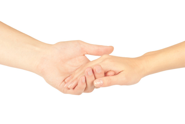 Shaking hands of two people, man and woman, isolated on white. - Photo, image