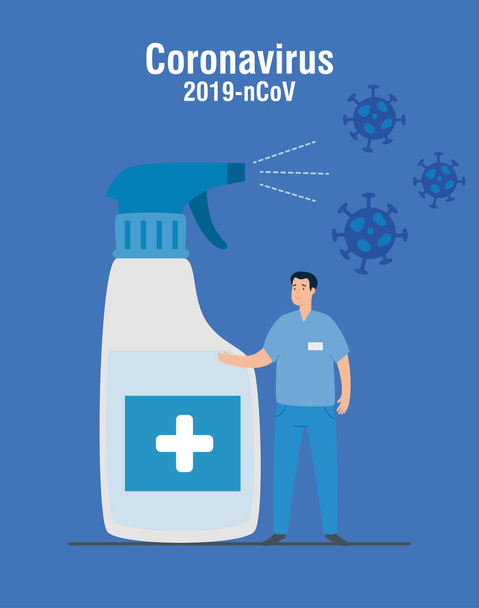 paramedico con disinfettante spray bottiglia e particelle 2019 ncov
 - Vettoriali, immagini