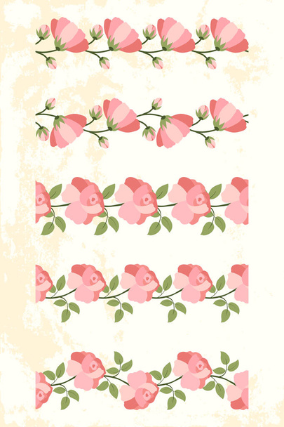Zestaw różowej róży bezszwowy brzeg na jasnożółtym teksturowanym tle. - Wektor, obraz