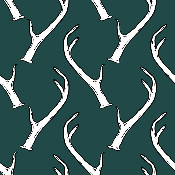 Seamless pattern with white deer antlers. Vector background illustration over dark green. Nature wildlife animal backdrop. - Vettoriali, immagini