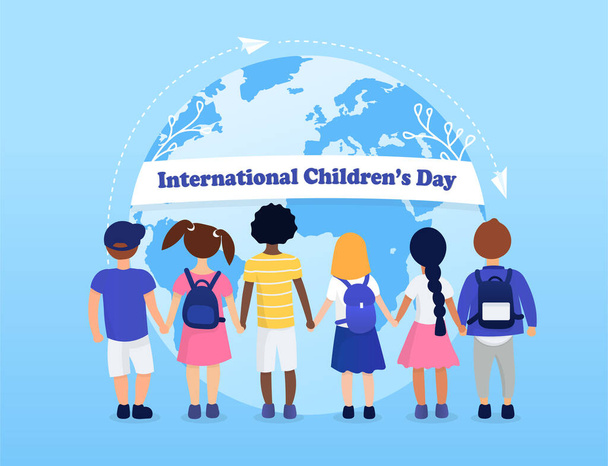 Uluslararası Çocuk Günü. Gezegenin arka planındaki farklı ırk ve kültürlerden çocuklar. Çocuk hakları için savaş. Uluslararası arkadaşlık. Şirin Renkli Düz Vektör İllüstrasyonu - Vektör, Görsel