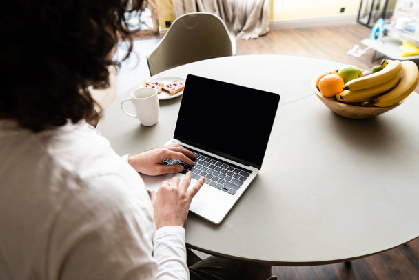 back view of freelancer using laptop with blank screen near fruits, coffee cup and plate with toasts - Photo, Image
