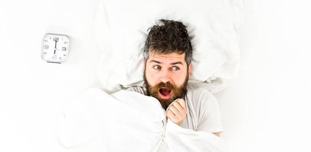 Morning and overslept concept. Man with shocked face - Foto, Imagem