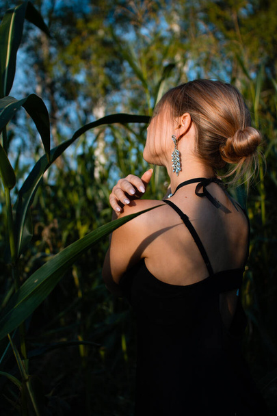 Close-up of young woman in black dress, necklace and earrings between green leaves in a corn field in summer. Jewelry fashion style photo session. - Foto, immagini