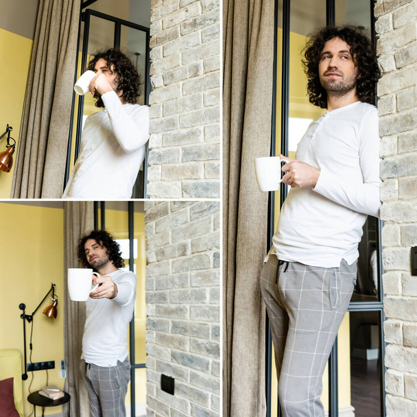 Collage of handsome man in pajamas drinking coffee at home  - Foto, imagen