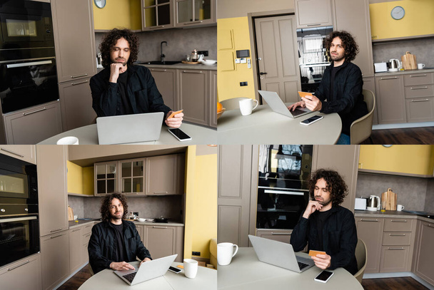 Κολάζ του όμορφου άντρα χρησιμοποιώντας φορητό υπολογιστή και πιστωτική κάρτα στην κουζίνα  - Φωτογραφία, εικόνα
