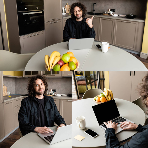 Κολάζ του freelancer δείχνει σαν χειρονομία, ενώ χρησιμοποιώντας φορητό υπολογιστή στην κουζίνα  - Φωτογραφία, εικόνα