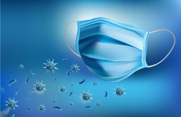 Soyut virüslü 3D gerçekçi koruyucu tıbbi maske. Tıbbi maske virüs koruması. Dünya salgını. Görüntü. - Fotoğraf, Görsel
