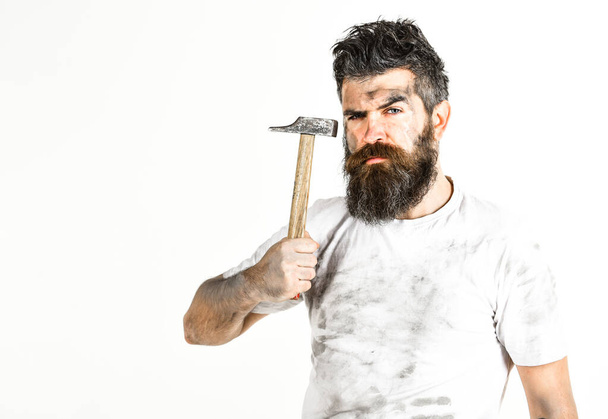 bearded worker man, long beard, brutal caucasian hipster - Фото, зображення