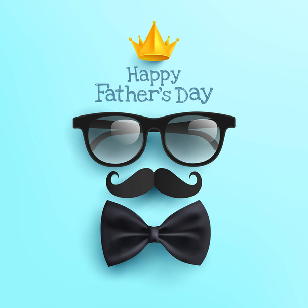 Boldog apák napját posztert szemüveg, bajusz papír és csokornyakkendő kéken.Üdvözlet és ajándékok apák napjára lapos laikus stílusban.Promóció és vásárlási sablon a szeretet apa koncepció - Vektor, kép