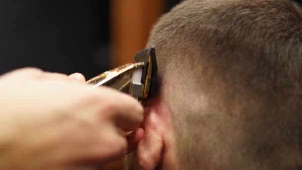 Trendy barber cuts bearded mans hair with a clipper in barbershop. Mens hairstyling and hair cutting in salon. Grooming the hair with trimmer. Hairdresser doing haircut in retro hair salon. - Materiał filmowy, wideo