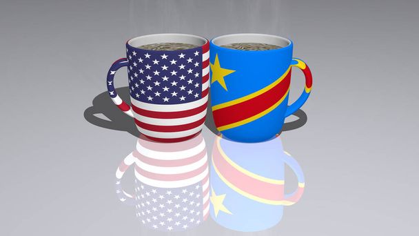 ESTADOS UNIDOS DA AMÉRICA E DA REPÚBLICA DEMOCRÁTICA DO CONGO colocados em uma xícara de café quente em uma ilustração 3D com realista
 - Foto, Imagem