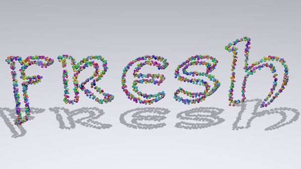 Escritura en 3D colorida de texto fresco con objetos pequeños sobre un fondo blanco y sombra a juego
 - Foto, Imagen
