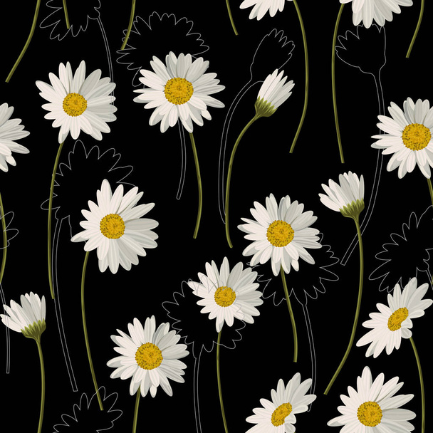 Seamless pattern with white daisies on black background. Vector illustration - Vetor, Imagem