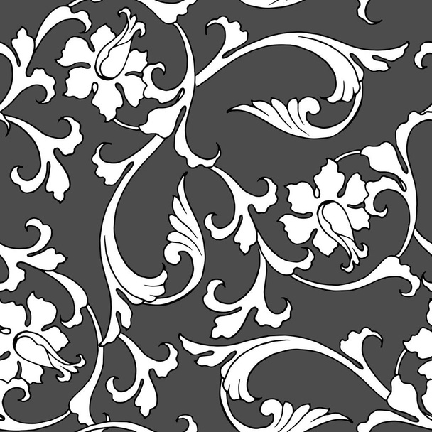 бесшовный узор с растительным орнаментом в классическом стиле, орнамент для обоев и тканей, оберточная бумага, фон для различных дизайнов, скрапбукинг
 - Вектор,изображение