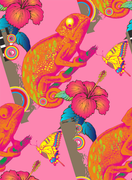 Fantastic flowers and chameleon. Seamless pattern. Vector illustration. Suitable for fabric, wrapping paper and the like - Vector, Image