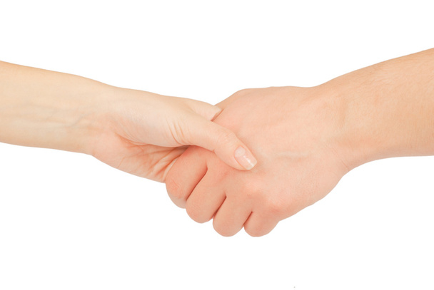Shaking hands of two people, man and woman, isolated on white. - Foto, imagen