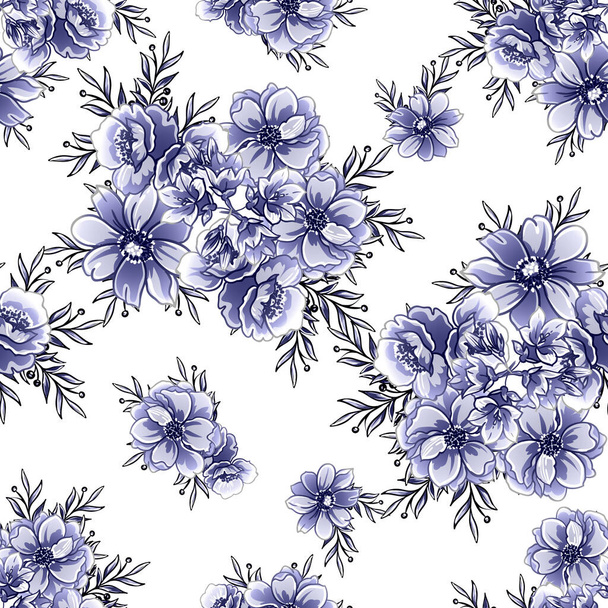 Seamless blue monochrome vintage style flowers pattern - Διάνυσμα, εικόνα