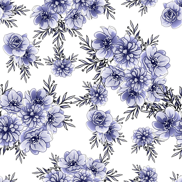 Seamless blue monochrome vintage style flowers pattern - Wektor, obraz