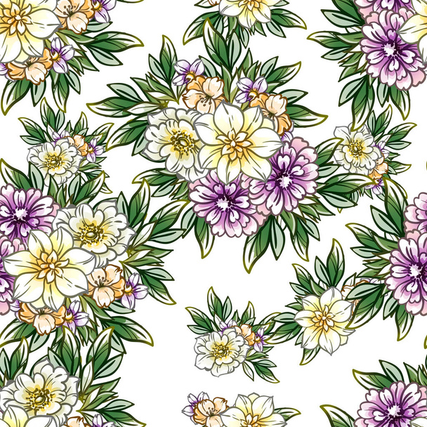 Colourful vintage style flowers seamless pattern - Vetor, Imagem