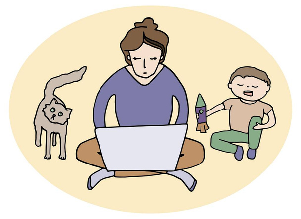 Work from home concept. Mother with laptop trying to work with noisy child and cat at home. Hand drawn colored vector illustration isolated on white. Difficulty of home office, quarantine, freelance - Vector, Image