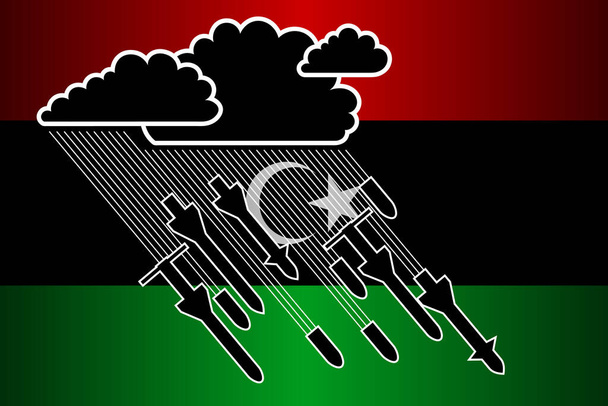 Ilustrace pro ozbrojený, vojenský konflikt, válku a konfrontaci v Libyi. Z bouřkového mraku prší, padá z raket a granátů na pozadí libyjské vlajky. Vodorovný vektor - Vektor, obrázek