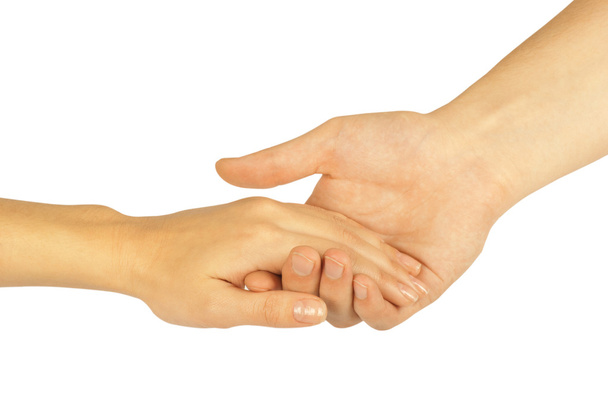 Пожатие руки двух человек, мужчины и женщины, изолированных на белом
. - Фото, изображение