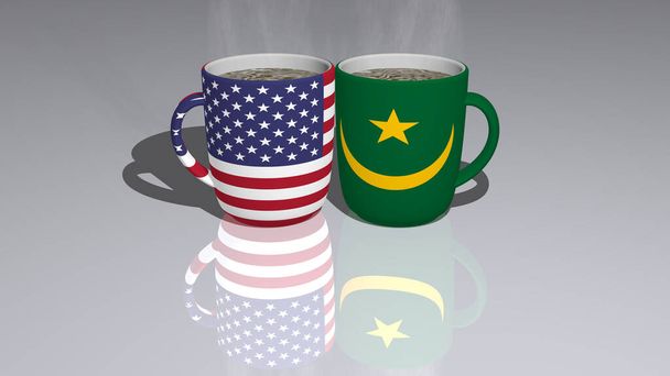 Relation des ÉTATS-UNIS D'AMÉRIQUE ET DE MAURITANIE présentée par leurs drapeaux nationaux sur des tasses de thé ou de café comme éditorial
 - Photo, image